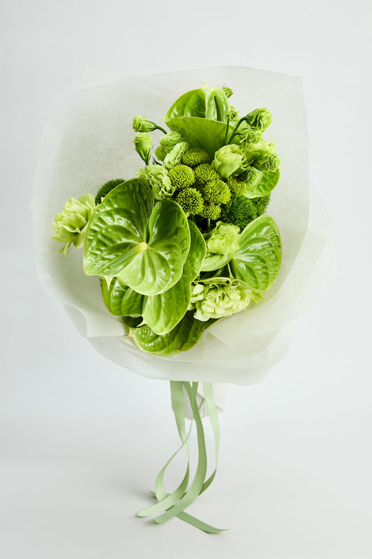 Green Envy Bouquet of green flowers wrapped in white paper with a green ribbon created by flowerdose.