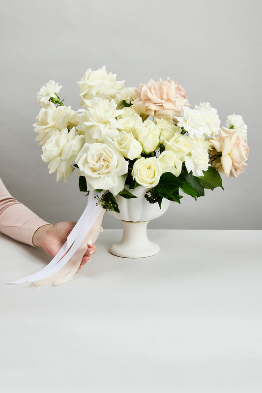 Whispering Romance Bouquet of white and pink flowers in a white vase by flowerdose.
