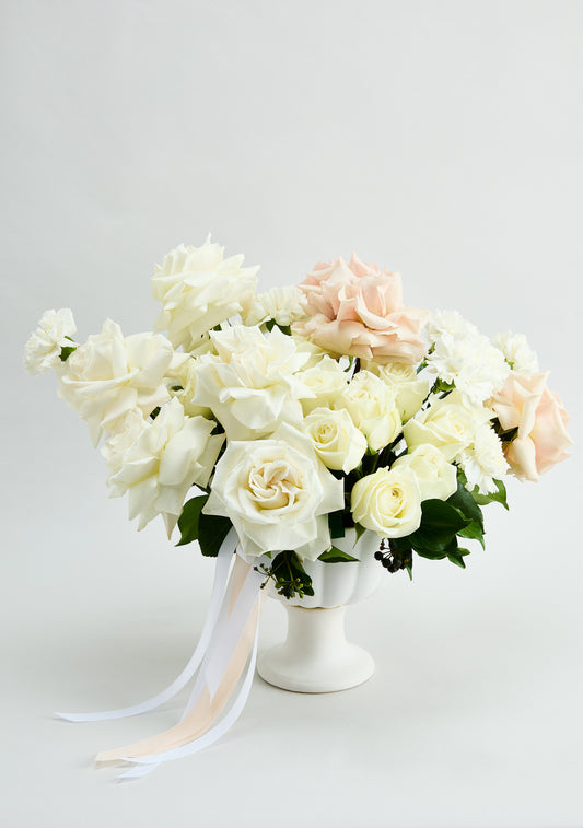 Whispering Romance Bouquet of white and soft pink flowers in a white vase by flowerdose.